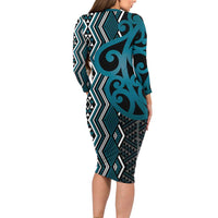 Maori Taniko Patterns Long Sleeve Bodycon Dress Azure Patiki Motifs Mix Whakairo Ngaru LT7 - Polynesian Pride