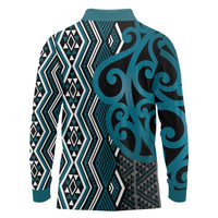 Maori Taniko Patterns Long Sleeve Polo Shirt Azure Patiki Motifs Mix Whakairo Ngaru LT7 - Polynesian Pride
