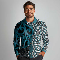 Maori Taniko Patterns Long Sleeve Polo Shirt Azure Patiki Motifs Mix Whakairo Ngaru LT7 - Polynesian Pride