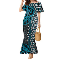 Maori Taniko Patterns Mermaid Dress Azure Patiki Motifs Mix Whakairo Ngaru LT7 Women Azure - Polynesian Pride