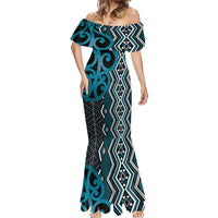 Maori Taniko Patterns Mermaid Dress Azure Patiki Motifs Mix Whakairo Ngaru LT7 - Polynesian Pride