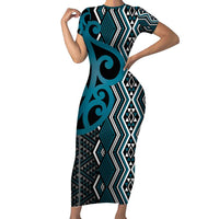 Maori Taniko Patterns Short Sleeve Bodycon Dress Azure Patiki Motifs Mix Whakairo Ngaru LT7 Long Dress Azure - Polynesian Pride