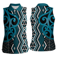 Maori Taniko Patterns Women Sleeveless Polo Shirt Azure Patiki Motifs Mix Whakairo Ngaru LT7 - Polynesian Pride