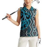 Maori Taniko Patterns Women Sleeveless Polo Shirt Azure Patiki Motifs Mix Whakairo Ngaru LT7 - Polynesian Pride
