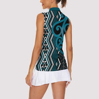 Maori Taniko Patterns Women Sleeveless Polo Shirt Azure Patiki Motifs Mix Whakairo Ngaru LT7 - Polynesian Pride