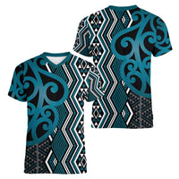 Maori Taniko Patterns Women V-Neck T-Shirt Azure Patiki Motifs Mix Whakairo Ngaru LT7 - Polynesian Pride