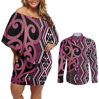 Maori Taniko Patterns Couples Matching Off Shoulder Short Dress and Long Sleeve Button Shirt Pink Patiki Motifs Mix Whakairo Ngaru LT7 Pink - Polynesian Pride