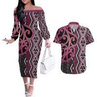 Maori Taniko Patterns Couples Matching Off The Shoulder Long Sleeve Dress and Hawaiian Shirt Pink Patiki Motifs Mix Whakairo Ngaru LT7 Pink - Polynesian Pride