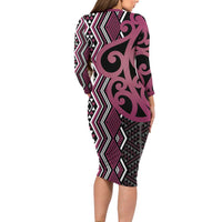 Maori Taniko Patterns Family Matching Long Sleeve Bodycon Dress and Hawaiian Shirt Pink Patiki Motifs Mix Whakairo Ngaru LT7 - Polynesian Pride