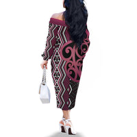 Maori Taniko Patterns Family Matching Off The Shoulder Long Sleeve Dress and Hawaiian Shirt Pink Patiki Motifs Mix Whakairo Ngaru LT7 - Polynesian Pride