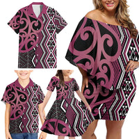 Maori Taniko Patterns Family Matching Off Shoulder Short Dress and Hawaiian Shirt Pink Patiki Motifs Mix Whakairo Ngaru LT7 - Polynesian Pride