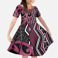 Maori Taniko Patterns Kid Short Sleeve Dress Pink Patiki Motifs Mix Whakairo Ngaru LT7 KID Pink - Polynesian Pride