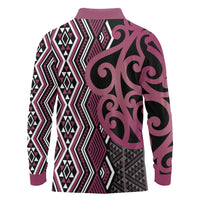 Maori Taniko Patterns Long Sleeve Polo Shirt Pink Patiki Motifs Mix Whakairo Ngaru LT7 - Polynesian Pride