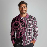 Maori Taniko Patterns Long Sleeve Polo Shirt Pink Patiki Motifs Mix Whakairo Ngaru LT7 - Polynesian Pride