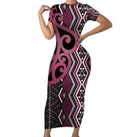 Maori Taniko Patterns Short Sleeve Bodycon Dress Pink Patiki Motifs Mix Whakairo Ngaru LT7 Long Dress Pink - Polynesian Pride