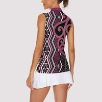 Maori Taniko Patterns Women Sleeveless Polo Shirt Pink Patiki Motifs Mix Whakairo Ngaru LT7 - Polynesian Pride