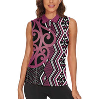 Maori Taniko Patterns Women Sleeveless Polo Shirt Pink Patiki Motifs Mix Whakairo Ngaru LT7 - Polynesian Pride