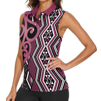 Maori Taniko Patterns Women Sleeveless Polo Shirt Pink Patiki Motifs Mix Whakairo Ngaru LT7 - Polynesian Pride