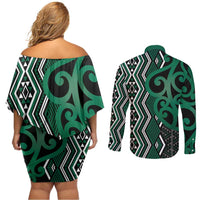 Maori Taniko Patterns Couples Matching Off Shoulder Short Dress and Long Sleeve Button Shirt Pounamu Patiki Motifs Mix Whakairo Ngaru LT7 - Polynesian Pride