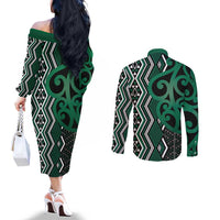 Maori Taniko Patterns Couples Matching Off The Shoulder Long Sleeve Dress and Long Sleeve Button Shirt Pounamu Patiki Motifs Mix Whakairo Ngaru LT7 - Polynesian Pride