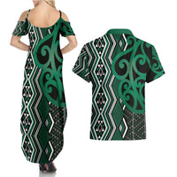 Maori Taniko Patterns Couples Matching Summer Maxi Dress and Hawaiian Shirt Pounamu Patiki Motifs Mix Whakairo Ngaru LT7 - Polynesian Pride