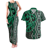 Maori Taniko Patterns Couples Matching Tank Maxi Dress and Hawaiian Shirt Pounamu Patiki Motifs Mix Whakairo Ngaru LT7 Green - Polynesian Pride