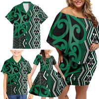 Maori Taniko Patterns Family Matching Off Shoulder Short Dress and Hawaiian Shirt Pounamu Patiki Motifs Mix Whakairo Ngaru LT7 - Polynesian Pride