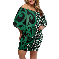 Maori Taniko Patterns Family Matching Off Shoulder Short Dress and Hawaiian Shirt Pounamu Patiki Motifs Mix Whakairo Ngaru LT7 Mom's Dress Green - Polynesian Pride