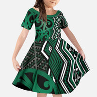Maori Taniko Patterns Family Matching Puletasi and Hawaiian Shirt Pounamu Patiki Motifs Mix Whakairo Ngaru LT7 Daughter's Dress Green - Polynesian Pride