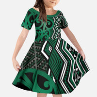 Maori Taniko Patterns Kid Short Sleeve Dress Pounamu Patiki Motifs Mix Whakairo Ngaru LT7 KID Green - Polynesian Pride