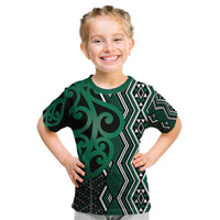 Maori Taniko Patterns Kid T Shirt Pounamu Patiki Motifs Mix Whakairo Ngaru LT7 Green - Polynesian Pride