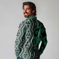 Maori Taniko Patterns Long Sleeve Polo Shirt Pounamu Patiki Motifs Mix Whakairo Ngaru LT7 - Polynesian Pride