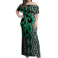 Maori Taniko Patterns Off Shoulder Maxi Dress Pounamu Patiki Motifs Mix Whakairo Ngaru LT7 Women Green - Polynesian Pride