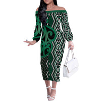 Maori Taniko Patterns Off The Shoulder Long Sleeve Dress Pounamu Patiki Motifs Mix Whakairo Ngaru LT7 Women Green - Polynesian Pride