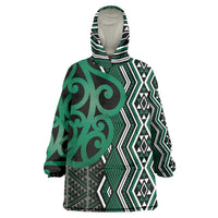 Maori Taniko Patterns Wearable Blanket Hoodie Pounamu Patiki Motifs Mix Whakairo Ngaru LT7 One Size Green - Polynesian Pride