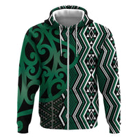 Maori Taniko Patterns Zip Hoodie Pounamu Patiki Motifs Mix Whakairo Ngaru LT7 Zip Hoodie Green - Polynesian Pride