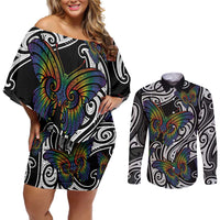 Aotearoa Takatapui Pride Couples Matching Off Shoulder Short Dress and Long Sleeve Button Shirt Rainbow Butterfly - Free To Love LT7 Black - Polynesian Pride