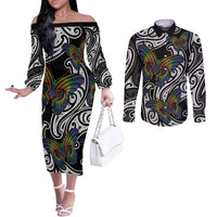 Aotearoa Takatapui Pride Couples Matching Off The Shoulder Long Sleeve Dress and Long Sleeve Button Shirt Rainbow Butterfly - Free To Love LT7 Black - Polynesian Pride