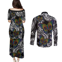 Aotearoa Takatapui Pride Couples Matching Puletasi and Long Sleeve Button Shirt Rainbow Butterfly - Free To Love LT7 - Polynesian Pride