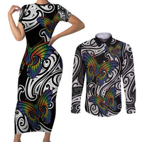 Aotearoa Takatapui Pride Couples Matching Short Sleeve Bodycon Dress and Long Sleeve Button Shirt Rainbow Butterfly - Free To Love LT7 Black - Polynesian Pride