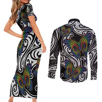 Aotearoa Takatapui Pride Couples Matching Short Sleeve Bodycon Dress and Long Sleeve Button Shirt Rainbow Butterfly - Free To Love LT7 - Polynesian Pride