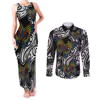 Aotearoa Takatapui Pride Couples Matching Tank Maxi Dress and Long Sleeve Button Shirt Rainbow Butterfly - Free To Love LT7 Black - Polynesian Pride