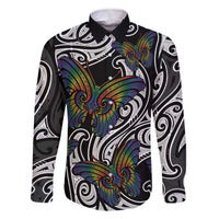Aotearoa Takatapui Pride Family Matching Off The Shoulder Long Sleeve Dress and Hawaiian Shirt Rainbow Butterfly - Free To Love LT7 Dad's Shirt - Long Sleeve Black - Polynesian Pride