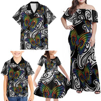 Aotearoa Takatapui Pride Family Matching Off Shoulder Maxi Dress and Hawaiian Shirt Rainbow Butterfly - Free To Love LT7 - Polynesian Pride