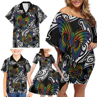 Aotearoa Takatapui Pride Family Matching Off Shoulder Short Dress and Hawaiian Shirt Rainbow Butterfly - Free To Love LT7 - Polynesian Pride