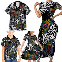 Aotearoa Takatapui Pride Family Matching Short Sleeve Bodycon Dress and Hawaiian Shirt Rainbow Butterfly - Free To Love LT7 - Polynesian Pride