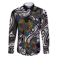 Aotearoa Takatapui Pride Family Matching Short Sleeve Bodycon Dress and Hawaiian Shirt Rainbow Butterfly - Free To Love LT7 Dad's Shirt - Long Sleeve Black - Polynesian Pride