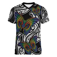 Aotearoa Takatapui Pride Women V-Neck T-Shirt Rainbow Butterfly - Free To Love LT7 Female Black - Polynesian Pride