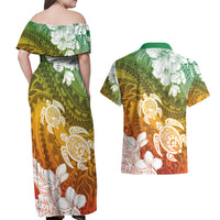 Kanaka Maoli Hawaii Flag Day Couples Matching Off Shoulder Maxi Dress and Hawaiian Shirt Vibrant Frangipani LT7 - Polynesian Pride