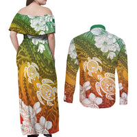 Kanaka Maoli Hawaii Flag Day Couples Matching Off Shoulder Maxi Dress and Long Sleeve Button Shirt Vibrant Frangipani LT7 - Polynesian Pride